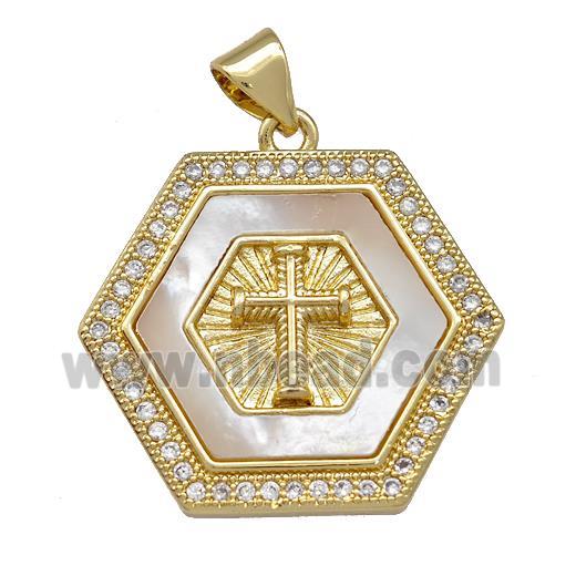 Copper Hexagon Pendant Pave Shell Zirconia Cross 18K Gold Plated