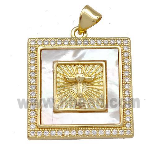 Copper Square Pendant Pave Shell Zirconia Cross 18K Gold Plated