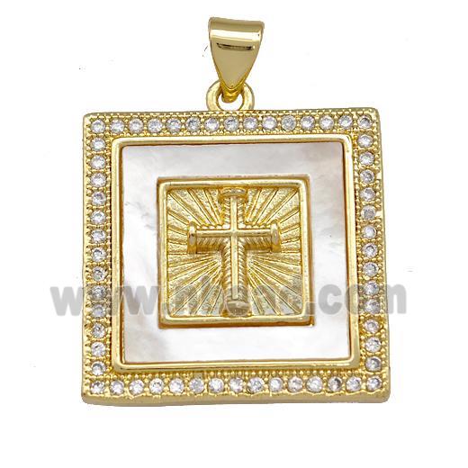 Copper Square Pendant Pave Shell Zirconia Cross 18K Gold Plated