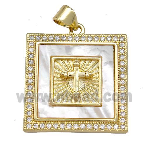 Copper Square Pendant Pave Shell Zirconia Cross 18K Gold Plated