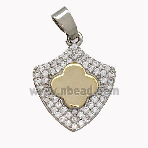 Copper Shield Pendant Micro Pave Zirconia Clover Platinum Plated