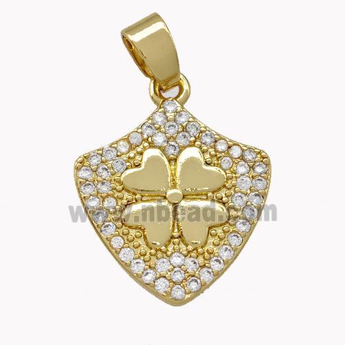 Copper Shield Pendant Micro Pave Zirconia Clover Gold Plated