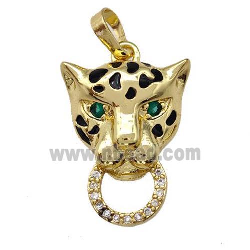 Copper Leopard Pendant Pave Zirconia Black Enamel Gold Plated