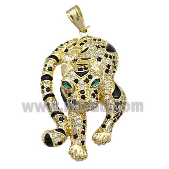 Copper Leopard Pendant Pave Zirconia Black Enamel Gold Plated