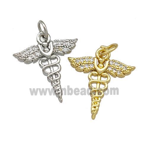 Copper Caduceus Charms Pendant Pave Zirconia Mixed