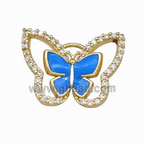 Copper Butterfly Pendant Pave Zirconia Blue Enamel Gold Plated