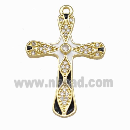 Copper Cross Pendant Pave Zirconia White Black Enamel Gold Plated