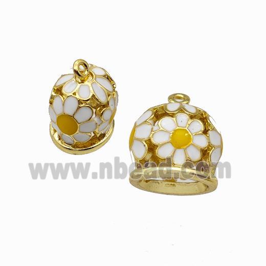 Copper Bell Pendant Daisy White Enamel Gold Plated