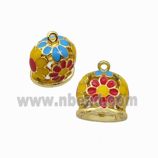 Copper Bell Pendant Daisy Multicolor Enamel Gold Plated