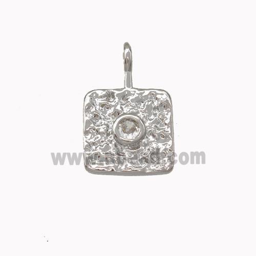 Copper Square Pendant Pave Zirconia Hammered Platinum Plated