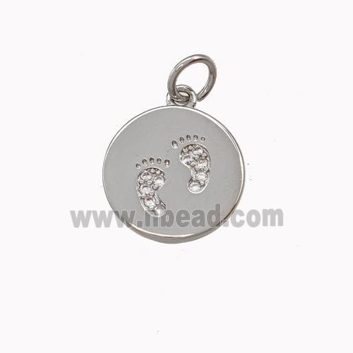 Copper Coin Pendant Pave Zirconia Foot Print Platinum Plated