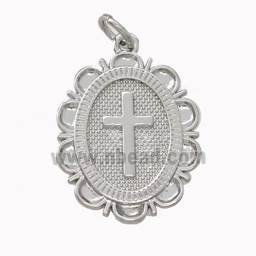 Copper Cross Pendant Oval Platinum Plated