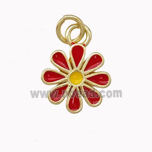 Copper Daisy Flower Pendant Red Enamel Gold Plated