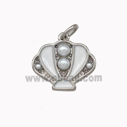 Scallop shell Charms Copper Pendant Pave Pearlized Resin White Enamel Platinum Plated