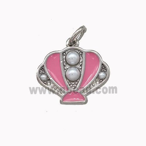 Scallop shell Charms Copper Pendant Pave Pearlized Resin Pink Enamel Platinum Plated