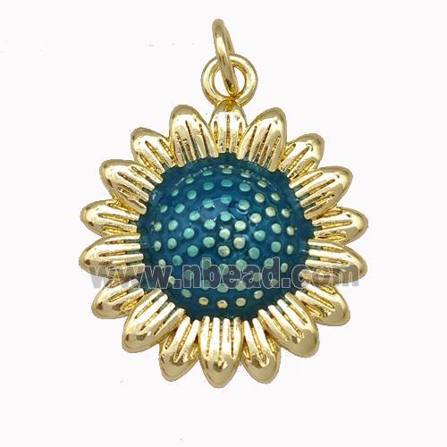 Copper Sunflower Pendant Teal Painted Gold Plated