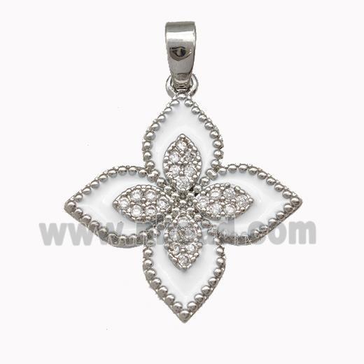 Copper Clover Pendant Micro Pave Zirconia White Enamel Platinum Plated