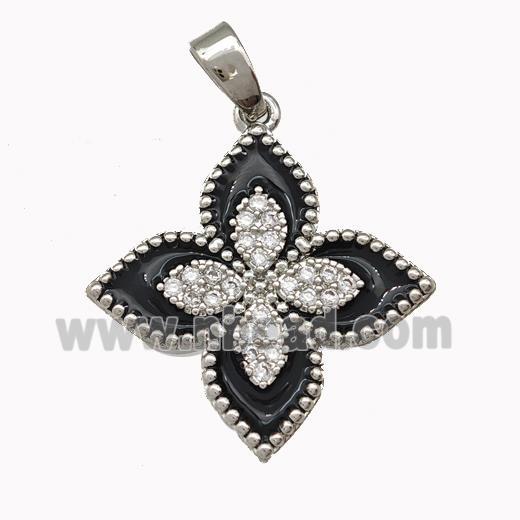 Copper Clover Pendant Micro Pave Zirconia Black Enamel Platinum Plated