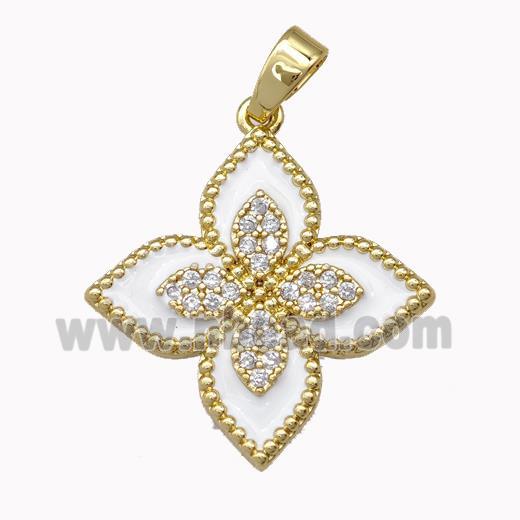 Copper Clover Pendant Micro Pave Zirconia White Enamel Gold Plated