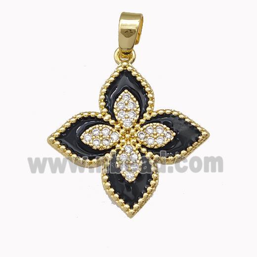 Copper Clover Pendant Micro Pave Zirconia Black Enamel Gold Plated