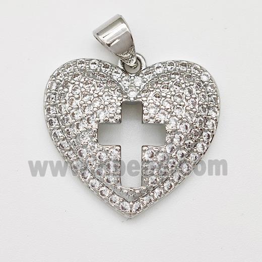 Copper Heart Pendant Micro Pave Zirconia Cross Platinum Plated