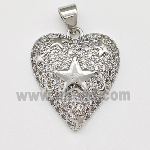 Copper Heart Pendant Micro Pave Zirconia Star Platinum Plated