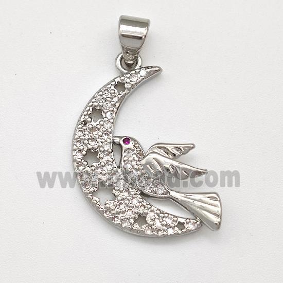 Copper Birds Pendant Micro Pave Zirconia Moon Platinum Plated