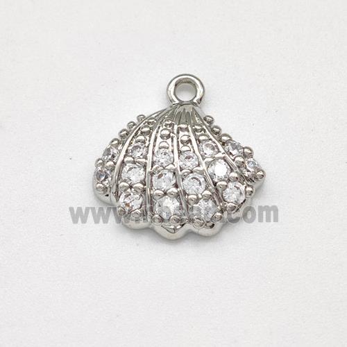 Scallop Shell Charms Copper Pendant Micro Pave Zirconia Platinum Plated