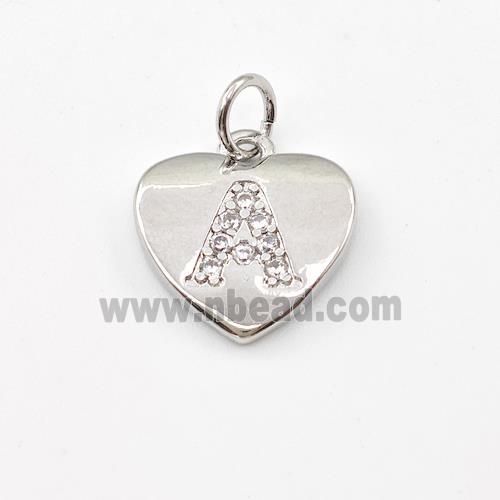 Copper Heart Pendant Pave Zirconia Letter-A Platinum Plated