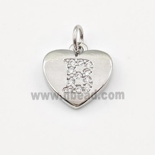 Copper Heart Pendant Pave Zirconia Letter-B Platinum Plated