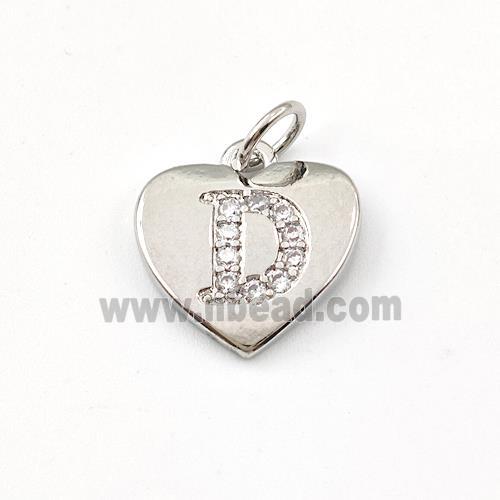 Copper Heart Pendant Pave Zirconia Letter-D Platinum Plated