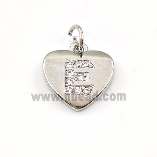 Copper Heart Pendant Pave Zirconia Letter-E Platinum Plated