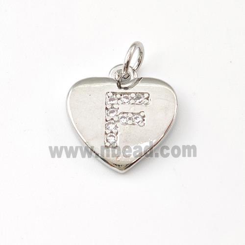 Copper Heart Pendant Pave Zirconia Letter-F Platinum Plated