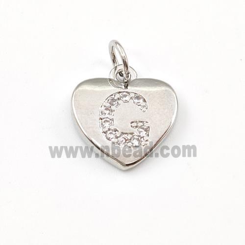 Copper Heart Pendant Pave Zirconia Letter-G Platinum Plated