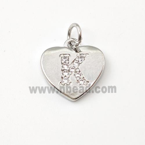 Copper Heart Pendant Pave Zirconia Letter-K Platinum Plated