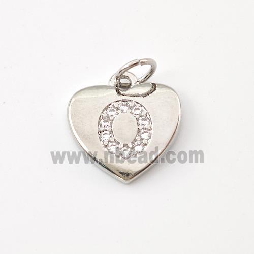 Copper Heart Pendant Pave Zirconia Letter-O Platinum Plated