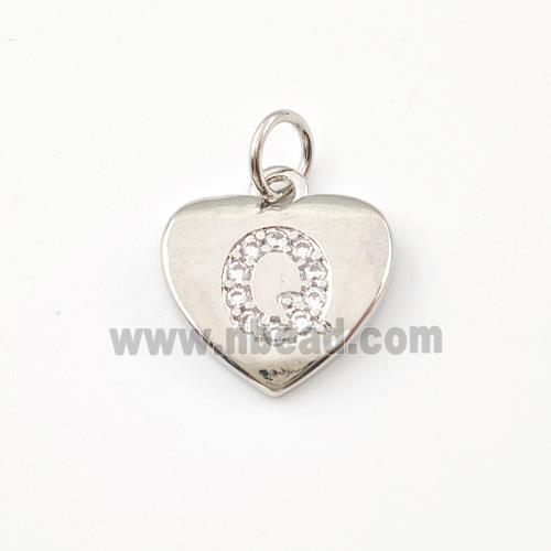 Copper Heart Pendant Pave Zirconia Letter-Q Platinum Plated