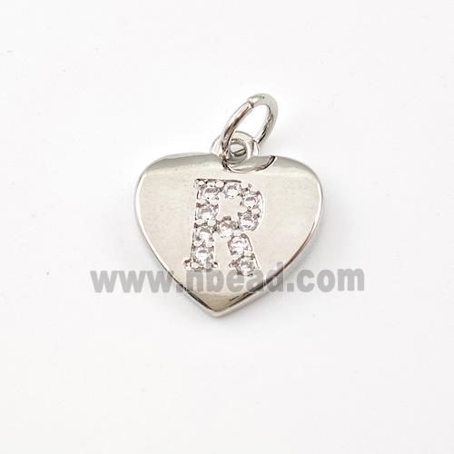 Copper Heart Pendant Pave Zirconia Letter-R Platinum Plated