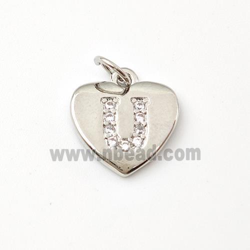 Copper Heart Pendant Pave Zirconia Letter-U Platinum Plated