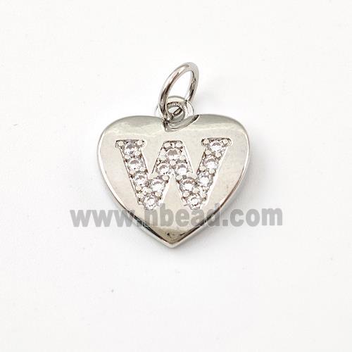 Copper Heart Pendant Pave Zirconia Letter-W Platinum Plated