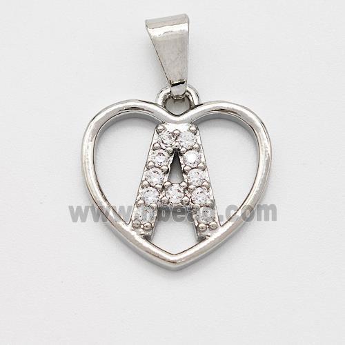 Copper Heart Pendant Pave Zirconia Letter-A Platinum Plated