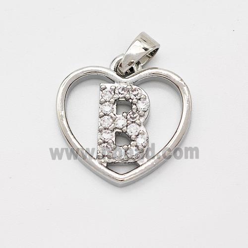 Copper Heart Pendant Pave Zirconia Letter-B Platinum Plated