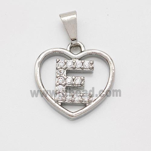 Copper Heart Pendant Pave Zirconia Letter-E Platinum Plated