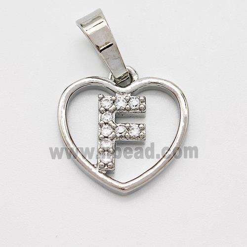 Copper Heart Pendant Pave Zirconia Letter-F Platinum Plated