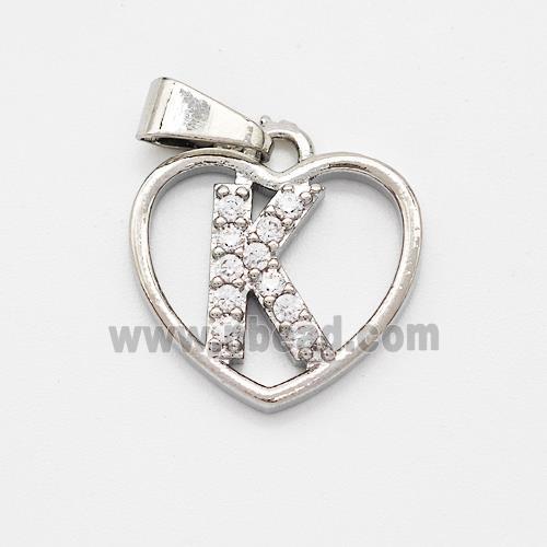 Copper Heart Pendant Pave Zirconia Letter-K Platinum Plated