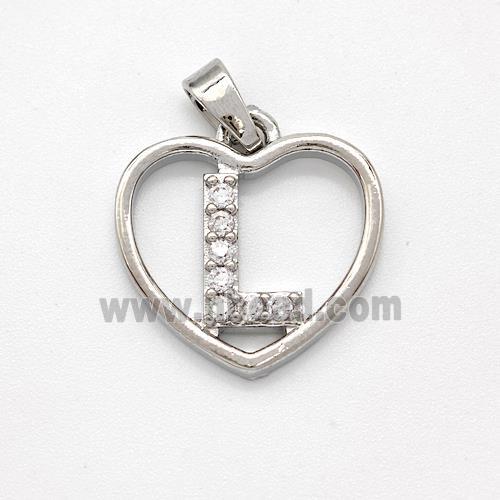 Copper Heart Pendant Pave Zirconia Letter-L Platinum Plated