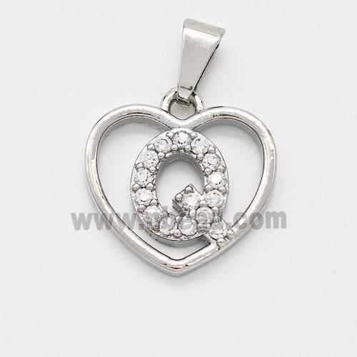 Copper Heart Pendant Pave Zirconia Letter-Q Platinum Plated