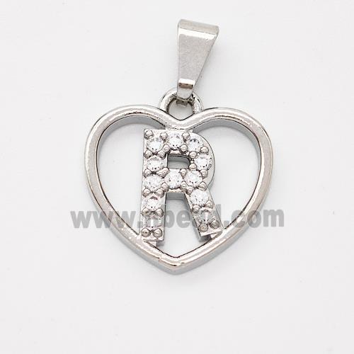 Copper Heart Pendant Pave Zirconia Letter-R Platinum Plated