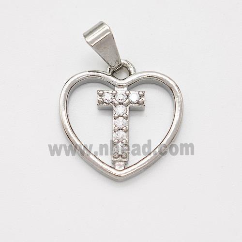 Copper Heart Pendant Pave Zirconia Letter-T Platinum Plated