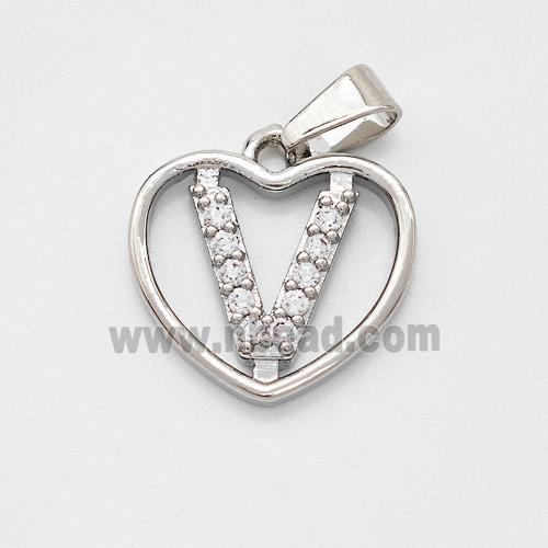 Copper Heart Pendant Pave Zirconia Letter-V Platinum Plated